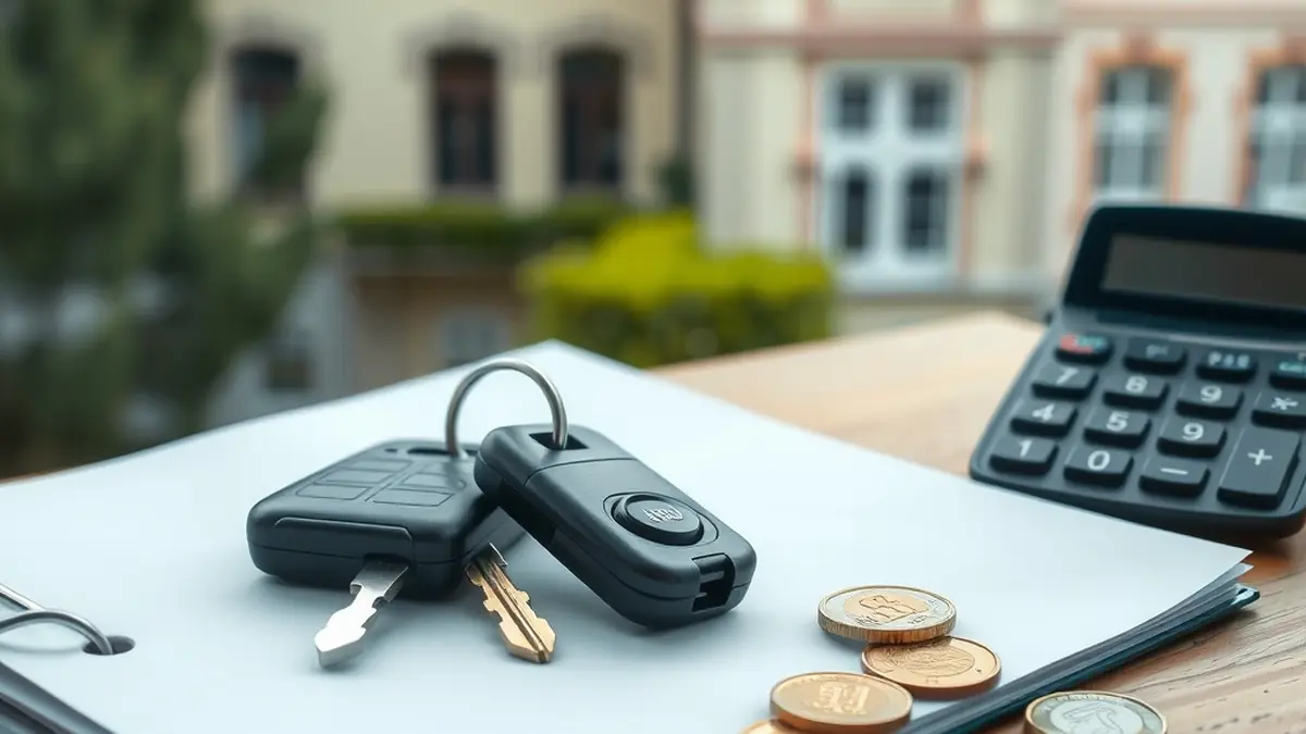 Clés de voiture, dossier fermé et calculatrice sur un bureau, symbolisant le choix entre prêt auto et leasing